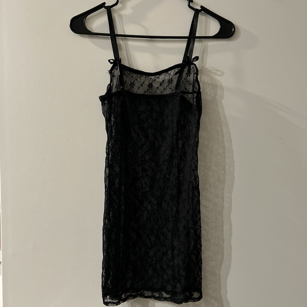 Black See Through Lace Dress with Ribbon Details